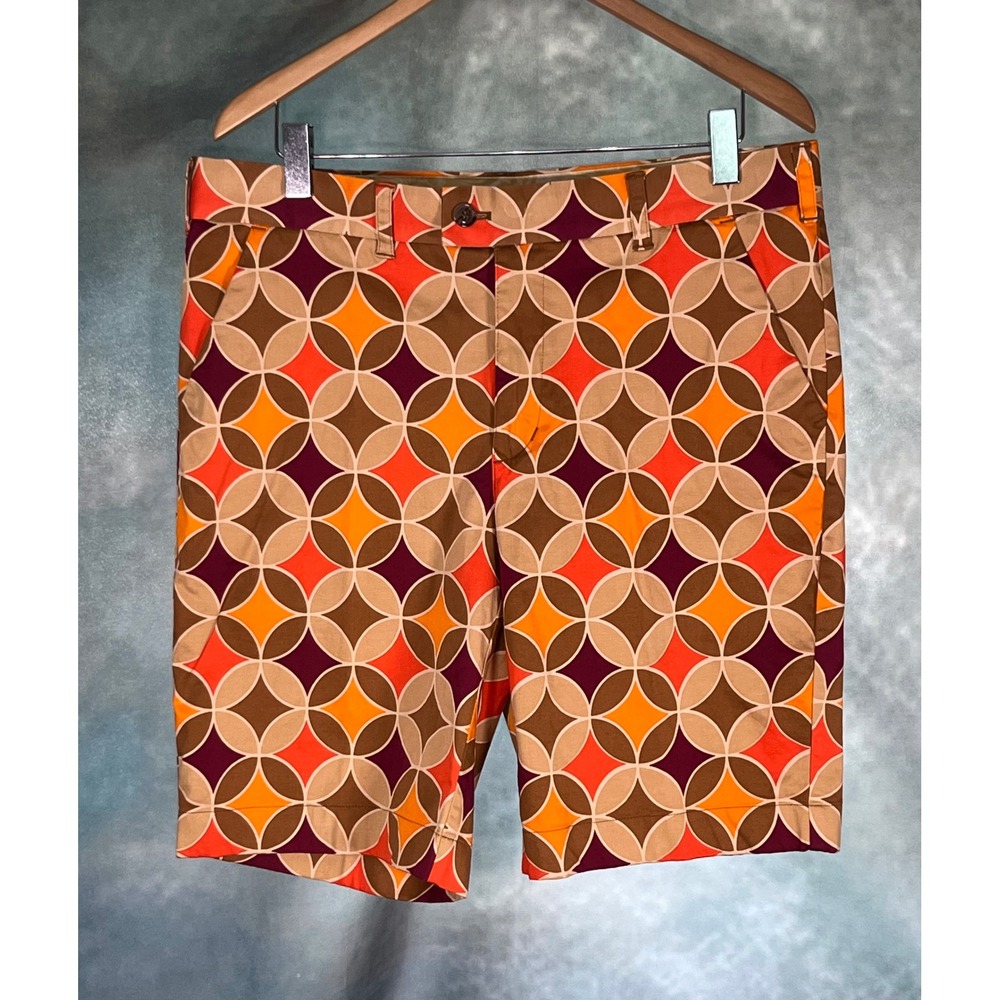 Loudmouth Golf Mens 36 Shorts Orange Brown Geometric‎ Retro Pattern Stretch